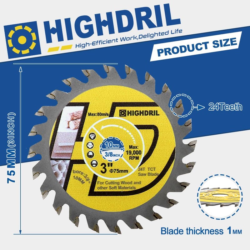 HIGHDRIL TCT Wood Blade 3" 75mm x Arbor 3/8" 10mm - 4pcs Angle Grinder Cutting Disc for Cutting Wood Plywood Chipboard Multilayer Panels - Image 2